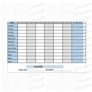 May include: A blank baseball scorecard with a gray and white grid. The scorecard has columns for innings 1 through 6 and a column for batting order. The scorecard has rows for catcher, pitcher, 1st base, 2nd base, shortstop, 3rd base, left field, center field, right field, and bench. The scorecard also has spaces for team name, game date, and opponent.