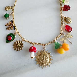 Charm Jewelry Statement Necklace, Vintage Inspired Sun Charm, Gold Plated Chain Nature Themed Jewelry, One of a Kind image 2