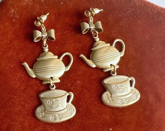 Tea Time Dangle Drop Earrings, Vintage Inspired Teapot and Tea Cup, Brass Romantic Charm Earrings