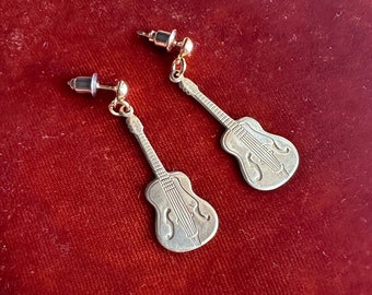 Guitar Dangle Drop Earrings, Vintage Inspired, Brass Musical Charms for Charm Necklace