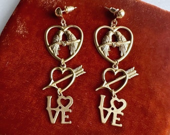 Romantic Love Bird Heart Dangle Drop Earrings, Vintage Inspired, Brass Romantic Charm Earrings