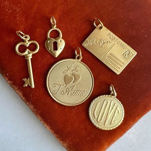 Vintage Style Brass Romantic Love Charms, Postcard, Lock and Key, French
