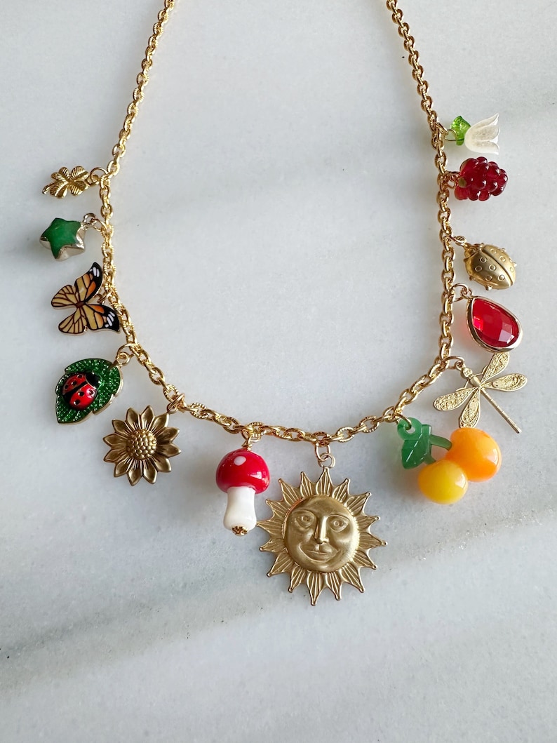 Charm Jewelry Statement Necklace, Vintage Inspired Sun Charm, Gold Plated Chain Nature Themed Jewelry, One of a Kind image 2