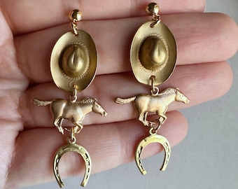Western Dangle Drop Earrings, Vintage Inspired, Brass Cowgirl Cowboy Charms
