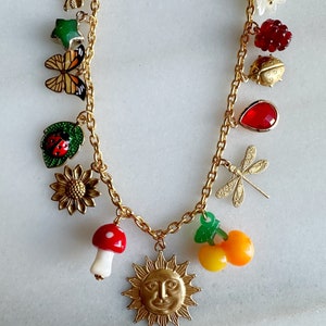 Charm Jewelry Statement Necklace, Vintage Inspired Sun Charm, Gold Plated Chain Nature Themed Jewelry, One of a Kind image 7