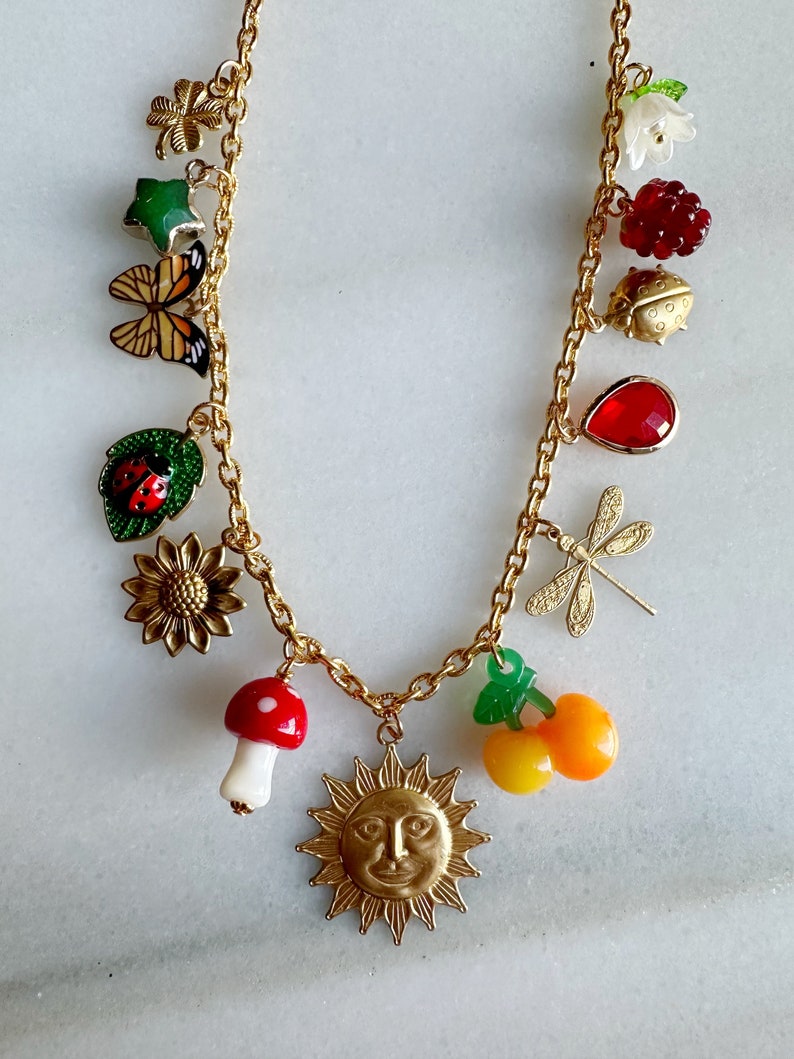Charm Jewelry Statement Necklace, Vintage Inspired Sun Charm, Gold Plated Chain Nature Themed Jewelry, One of a Kind image 7