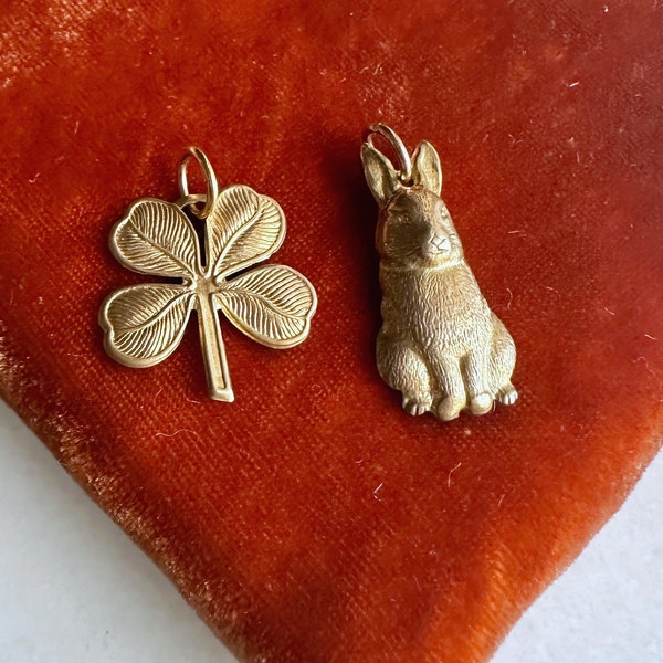 Vintage Style Lucky Charms, Shamrock Clover Bunny Rabbit Brass Charm