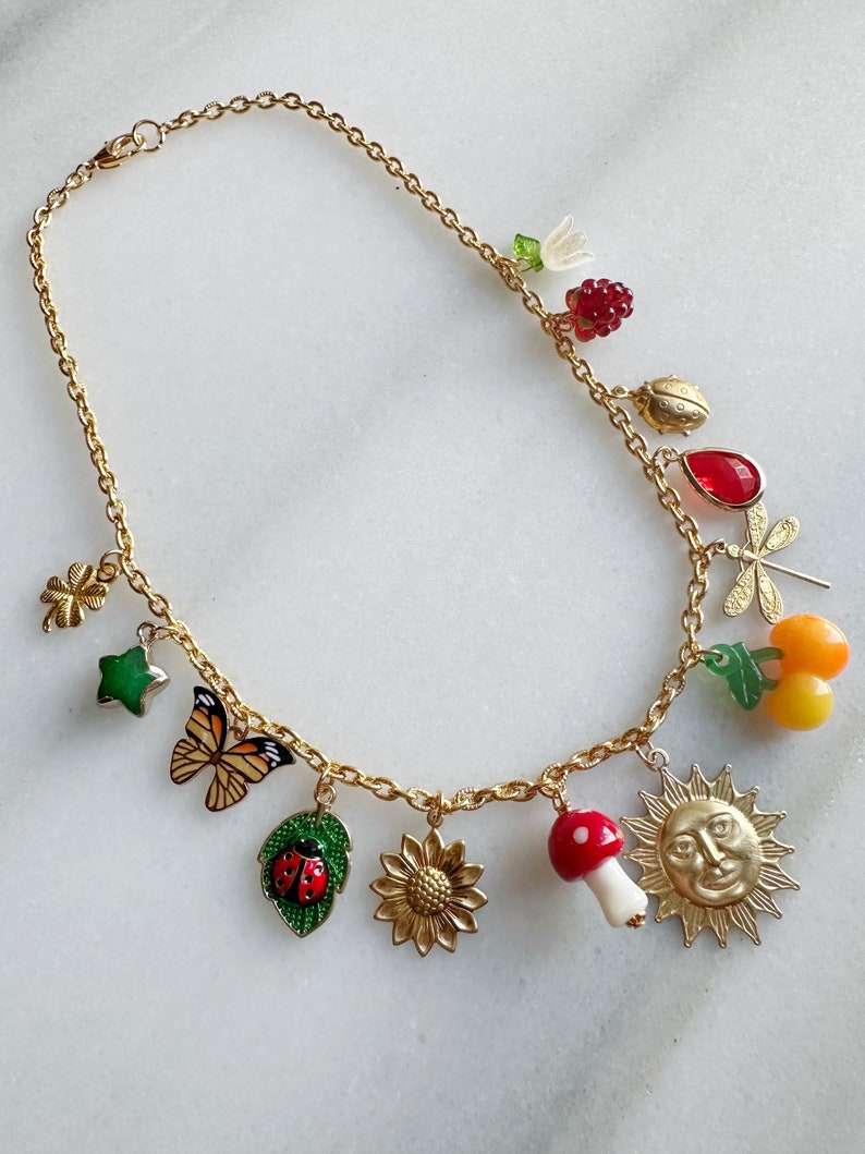 Charm Jewelry Statement Necklace, Vintage Inspired Sun Charm, Gold Plated Chain Nature Themed Jewelry, One of a Kind image 4