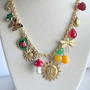 Charm Jewelry Statement Necklace, Vintage Inspired Sun Charm, Gold Plated Chain Nature Themed Jewelry, One of a Kind image 1