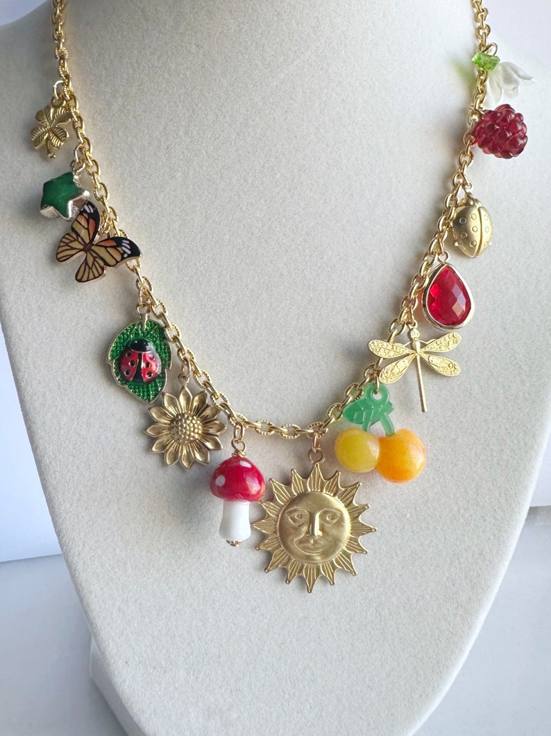 Charm Jewelry Statement Necklace, Vintage Inspired Sun Charm, Gold Plated Chain Nature Themed Jewelry, One of a Kind image 1