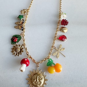 Charm Jewelry Statement Necklace, Vintage Inspired Sun Charm, Gold Plated Chain Nature Themed Jewelry, One of a Kind image 5