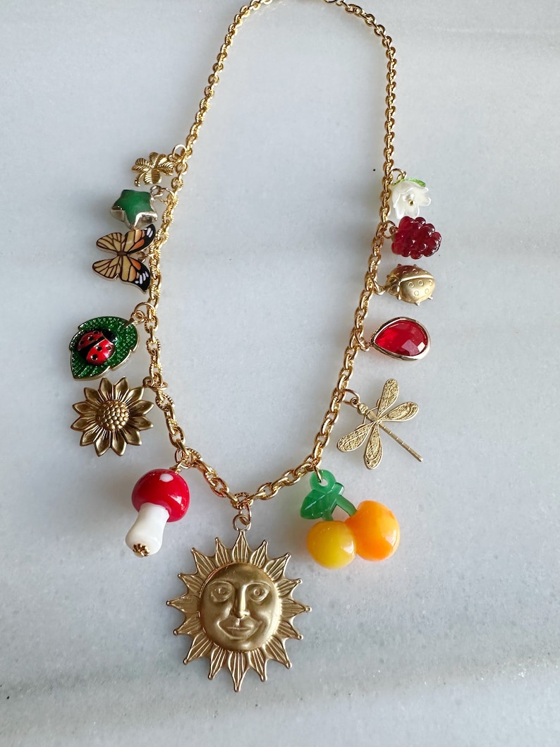 Charm Jewelry Statement Necklace, Vintage Inspired Sun Charm, Gold Plated Chain Nature Themed Jewelry, One of a Kind image 5