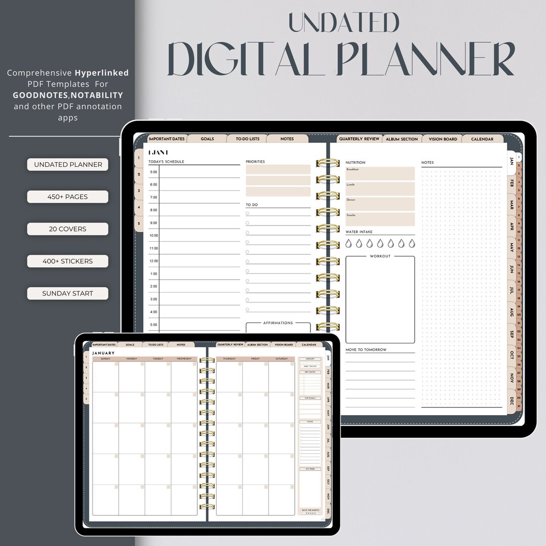 SUNDAY Start Undated Digital Planner | Hyperlinked Digital Planner ...