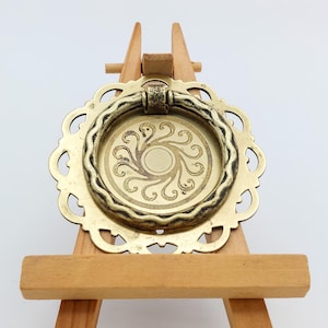 Quantity: 1 - Antique Floral Scalloped Ring Pull - Etched Brass Sunburst Backplate and Handle - 1920's