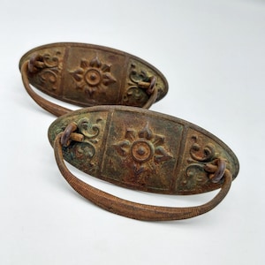 Quantity: 2 - Antique Victorian Drawer Pulls | Drop Bail Oval Stamped Floral Furniture Handles