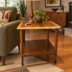 Vintage Lane Acclaim Side Table, Mid Century Modern Walnut End Table, MCM Accent Table with Inlay & Lower Shelf