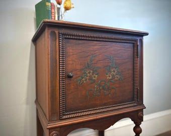 Antique Accent Table - 1920’s Tudor Telephone Cabinet - Ornate Hand-Painted Nightstand