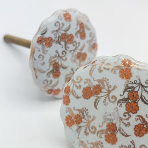 Quantity: 2 - Vintage Gold and Orange Floral Porcelain Knobs - Colorful Furniture Drawer Pulls - Hardware Included