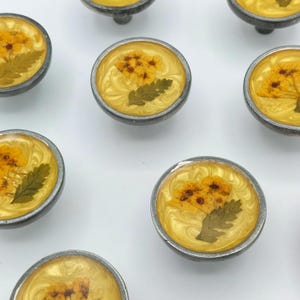 May include: A collection of cabinet knobs with a silver-colored metal base. Each knob features a clear, domed resin top with dried yellow flowers and green leaves set against a swirling yellow background. The knobs are arranged on a white surface.