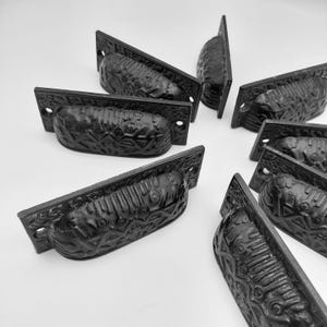 May include: A collection of black cast iron drawer pulls. Each pull has a rectangular backplate with two screw holes and a decorative, textured handle. The handles have an ornate, embossed design.