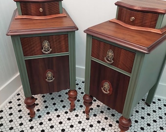 Antique Walnut And Olive Green Nightstands Pair | Federal Revival Bedside Tables | 3 Drawer Refinished Vintage Nightstands c.1920s–30s