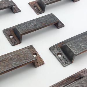 Quantity: 1 - Eastlake Victorian, Antique Apothecary Cupboard Bin / Cup Pull - Cast Iron, Geometric Floral Design Furniture Handle