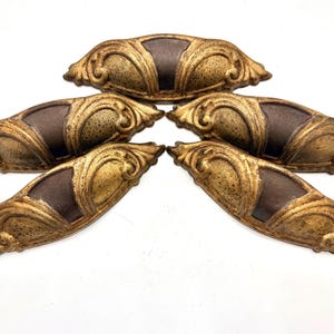 May include: Five semi-circular drawer pulls arranged in a fan pattern. Each pull features a textured gold-toned finish with ornate, curved detailing on the sides and a smooth, dark brown, recessed center section with a curved top edge.