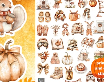 Cozy Fall Watercolor Digital & Printable Stickers, Autumn Planner Stickers, Cottagecore Sticker Bundle