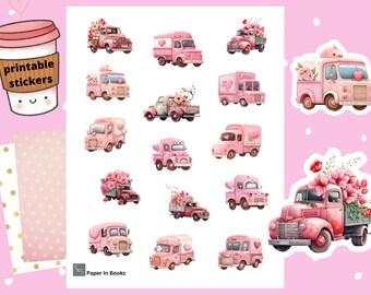 Pink Truck Valentine's Day Stickers, Floral PNG (Digital Download)