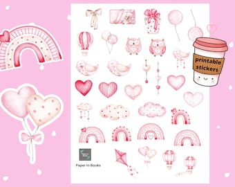Watercolor Valentines Day Stickers: Pink Planner Stickers (Printable PNG)