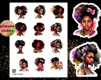 Black History Afro Girl Stickers, Planner Stickers (Printable PNG)