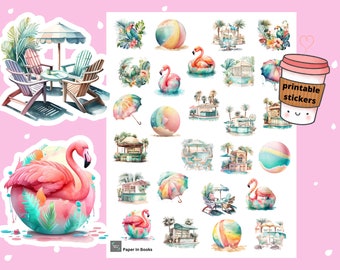 Watercolor Tropical Pool Party Stickers (Printable & Digital)