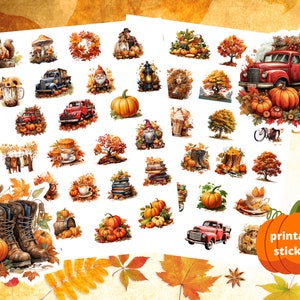 May include: A set of 36 printable autumn-themed stickers featuring images of pumpkins, trucks, gnomes, leaves, and other autumnal elements. The stickers are perfect for adding a touch of autumn to your crafts, journals, and more.