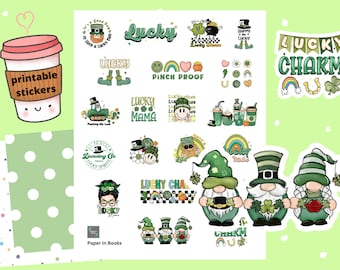 St. Patrick's Day Gnome Stickers, Printable Green Stickers (PDF, PNG)
