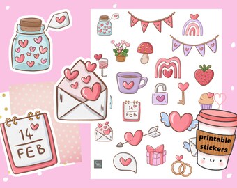 Valentines Day Doodle Stickers, Kawaii Hearts, Planner PNG (Digital/Printable)