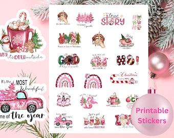 Pink Christmas Stickers, Holiday Planner Stickers (Digital Download)