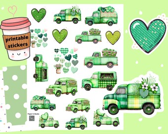 Green Truck St. Patrick's Day Stickers, Planner Stickers (Digital PNG PDF)