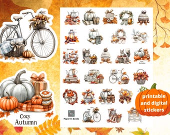 Cozy Fall Digital and Printable Stickers, Autumn Planner Stickers, Fall Bikes and Leaves Stickers, PNG Sticker Bundle