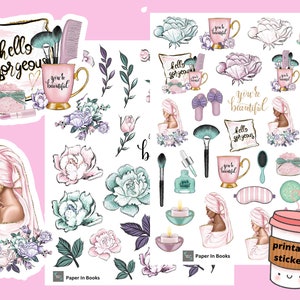 Relaxing Weekend Fashion Girl Printable Stickers, Printable Boss Babe Stickers, Self Care Printable Stickers, Flower Stickers, Spa Digital