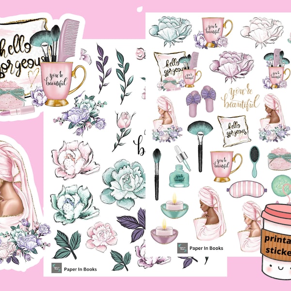 Relaxing Weekend Fashion Girl Printable Stickers, Printable Boss Babe Stickers, Self Care Printable Stickers, Flower Stickers, Spa Digital