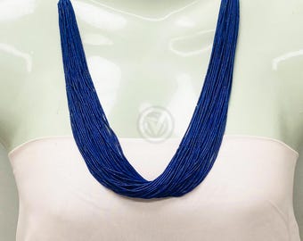 Royal Blue Multi-Strand Seed Bead Necklace | Handmade Boho Layered Statement Beaded Jewelry