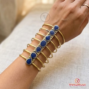 Handmade Blue Lapis Lazuli Spiral Cuff, Bohemian Gold Tribal Bracelet, Antique Statement Piece image 6