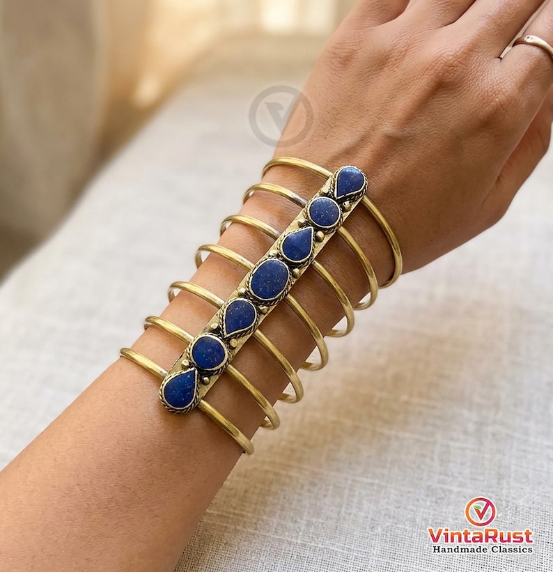Handmade Blue Lapis Lazuli Spiral Cuff, Bohemian Gold Tribal Bracelet, Antique Statement Piece image 6