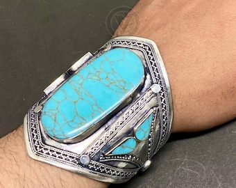 Turquoise Stone Silver Cuff Bracelet – Handmade Tribal Boho Statement Jewelry