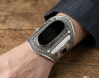 Vintage Afghan Kuchi Cuff Bracelet, Ethnic Tribal Silver Black Stone Statement Jewelry