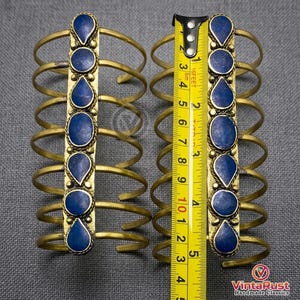 Handmade Blue Lapis Lazuli Spiral Cuff, Bohemian Gold Tribal Bracelet, Antique Statement Piece image 4