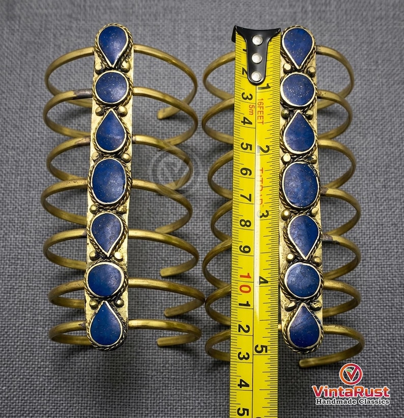 Handmade Blue Lapis Lazuli Spiral Cuff, Bohemian Gold Tribal Bracelet, Antique Statement Piece image 4