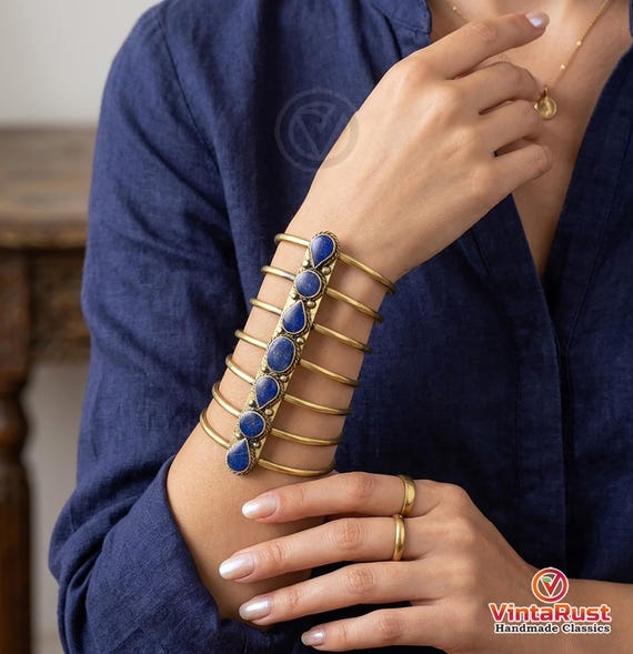 Handmade Blue Lapis Lazuli Spiral Cuff, Bohemian Gold Tribal Bracelet, Antique Statement Piece