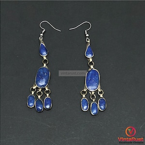 Handmade Lapis Lazuli Dangle Earrings, Boho Chic Lapis Lazuli Earrings, Genuine Lapis Lazuli Stone Earrings, Unique Tribal Jewelry