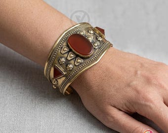 Vintage Brass Carnelian Cuff Bracelet | Boho Ethnic Tribal Statement Jewelry